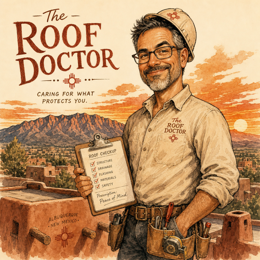 The Roof Doctor — hand-illustrated portrait of James, independent NM roof inspector